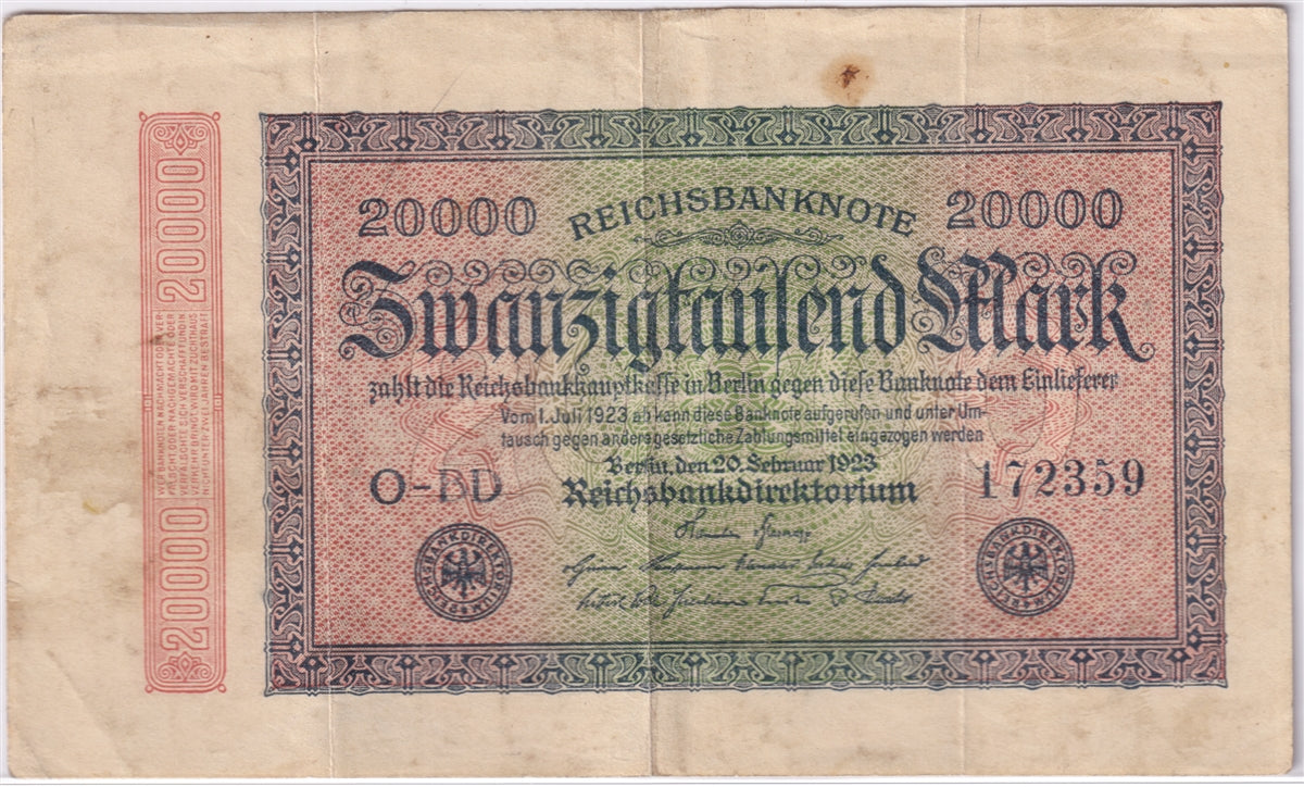 Germany 1923 20,000 Mark Note, Pick #85b, VF-EF (stain)