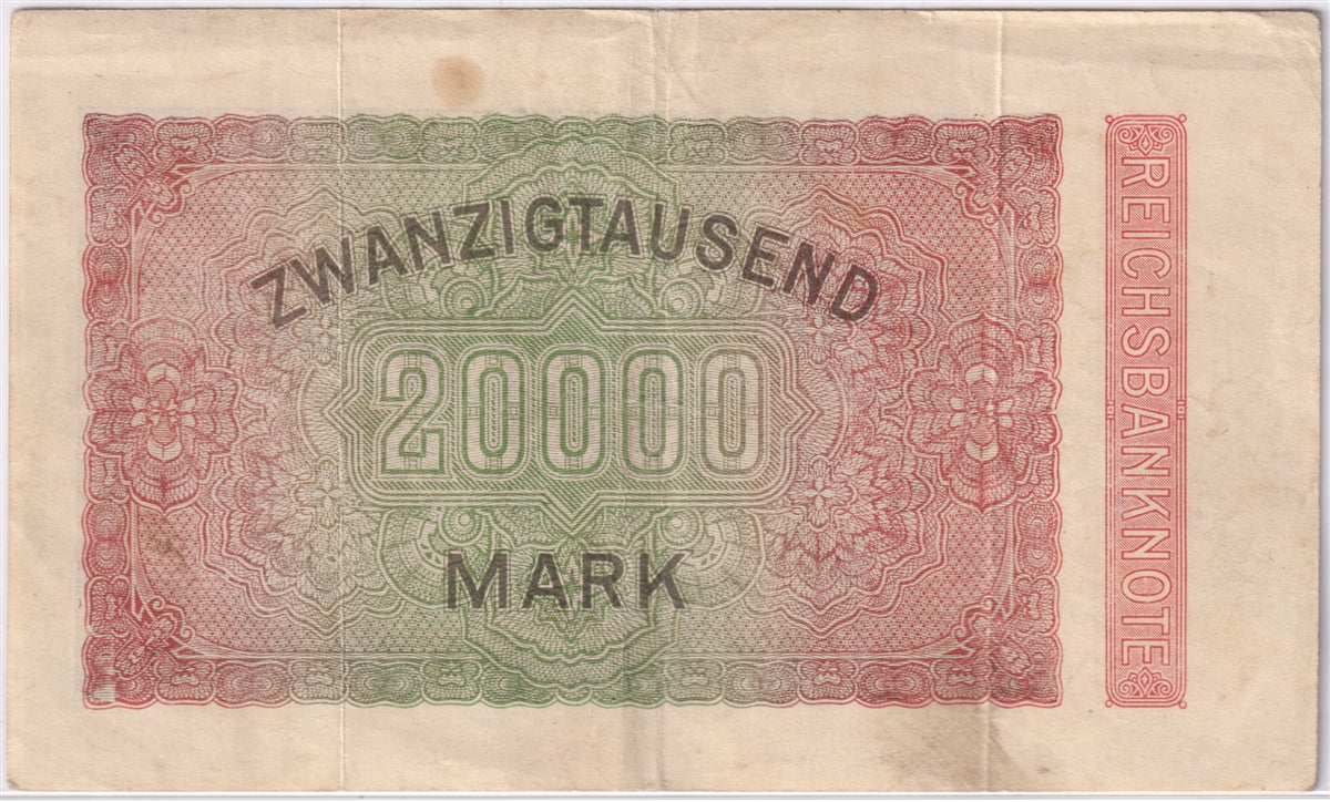 Germany 1923 20,000 Mark Note, Pick #85b, VF-EF (stain)