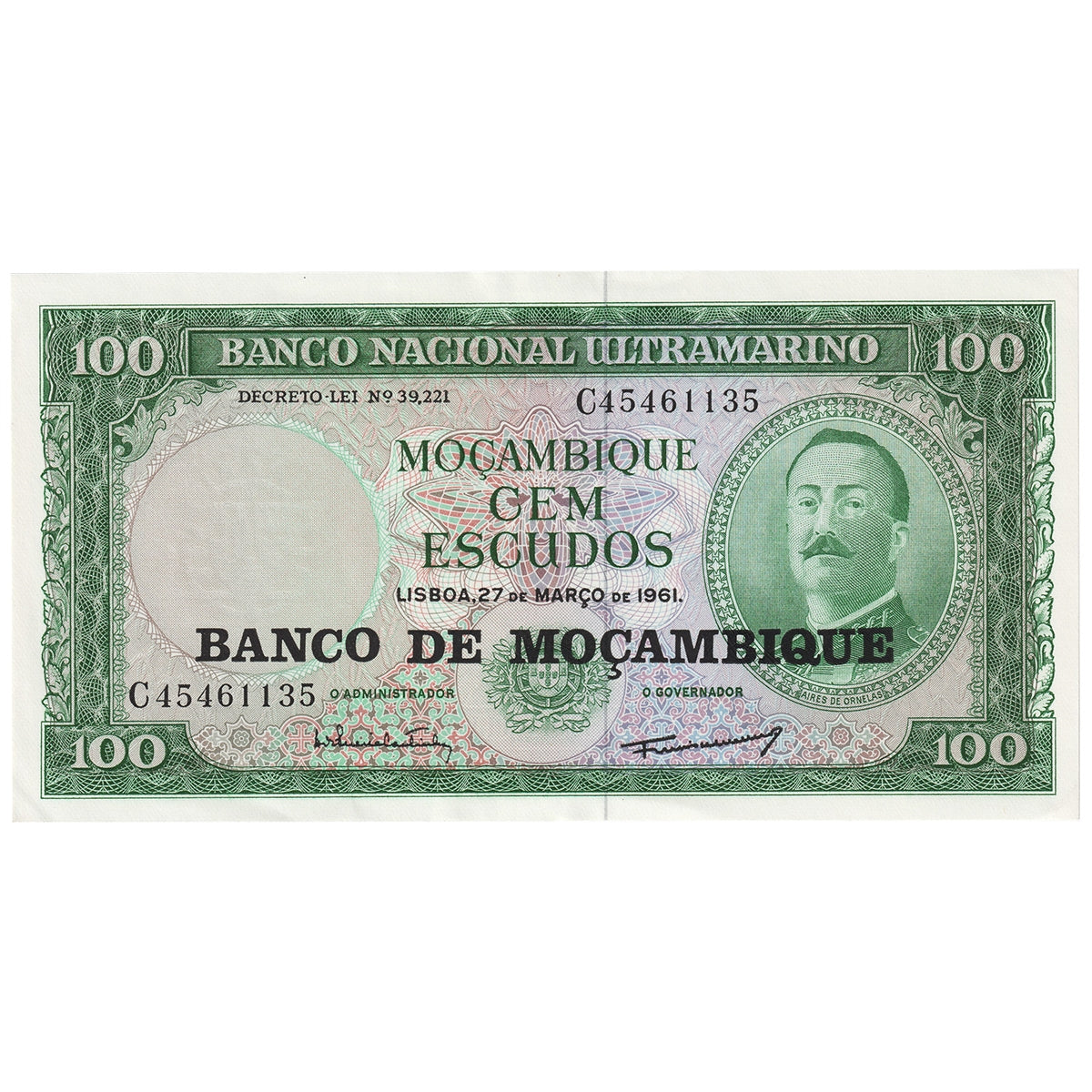 Mozambique 1961 100 Escudos Note, Pick #109a, AU