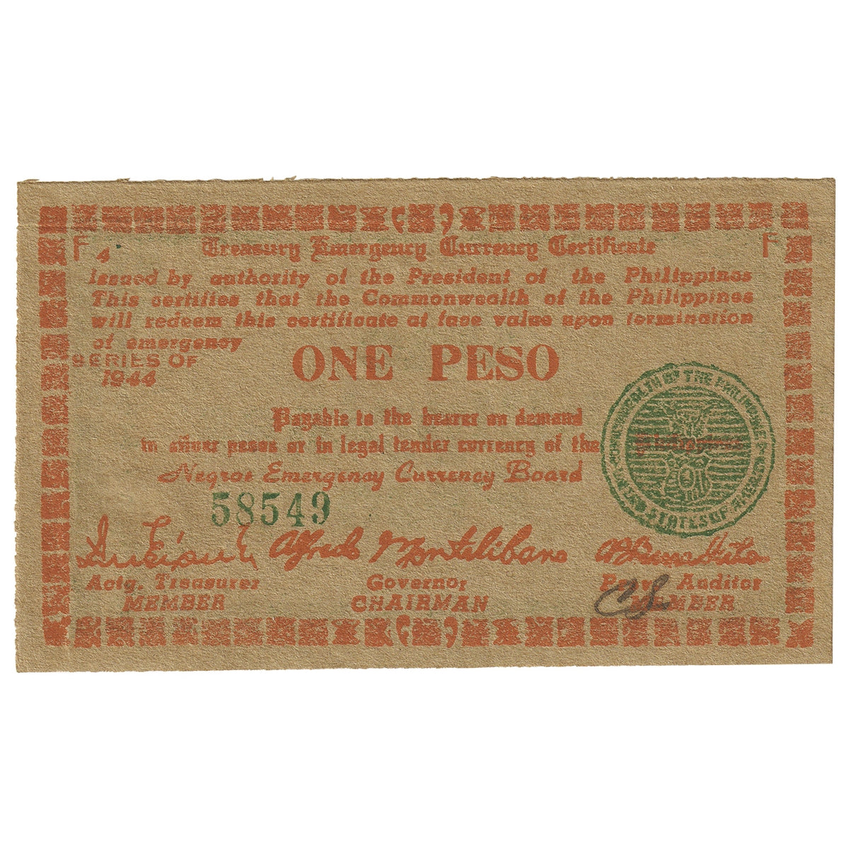 Philippines 1945 1 Peso Note, Pick #s681, Emergency Issue, UNC