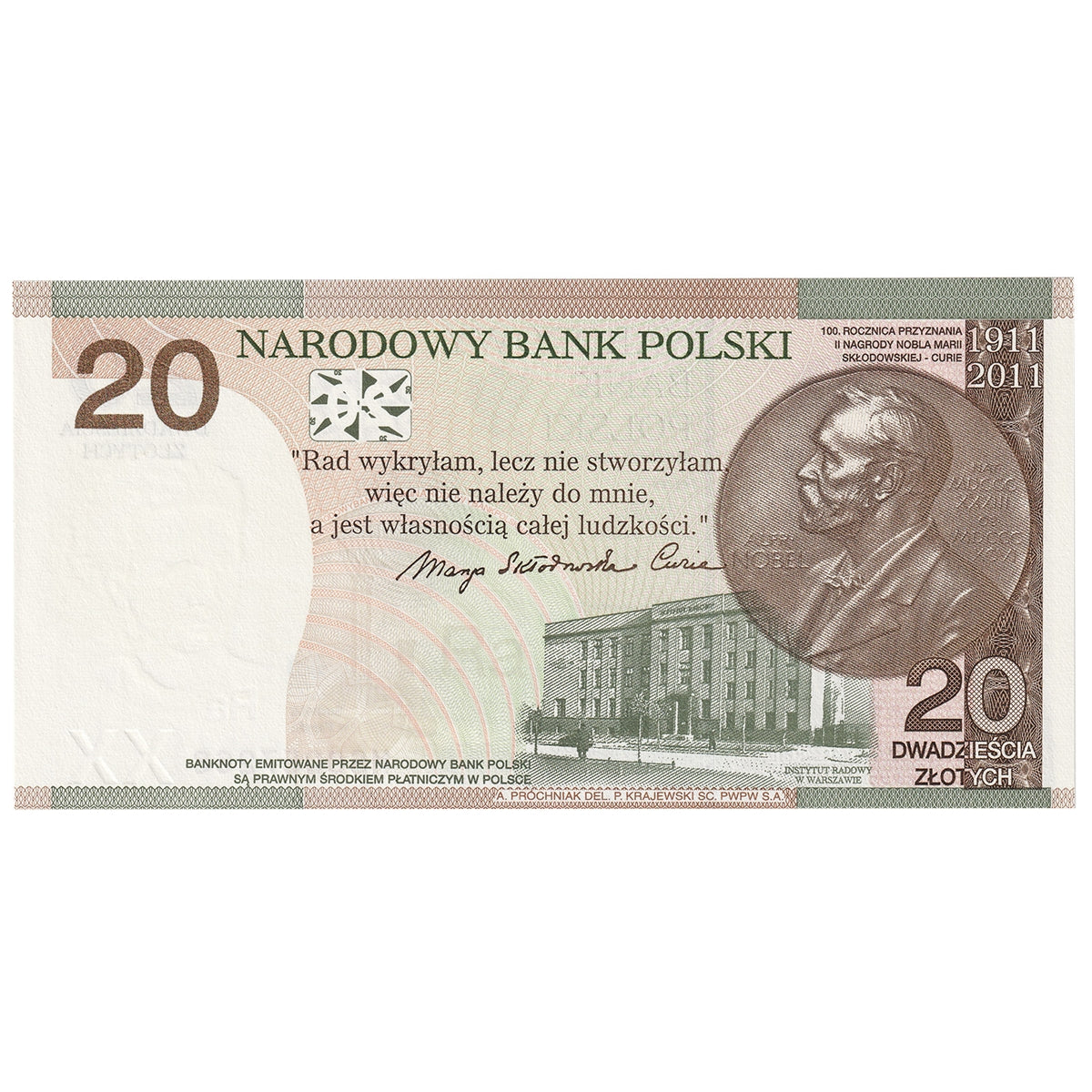 Poland 2011 20 Zlotych Note, Pick #A184, UNC