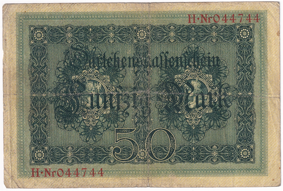 Germany 1914 50 Mark Note, Pick #49a 6 Digit, VG