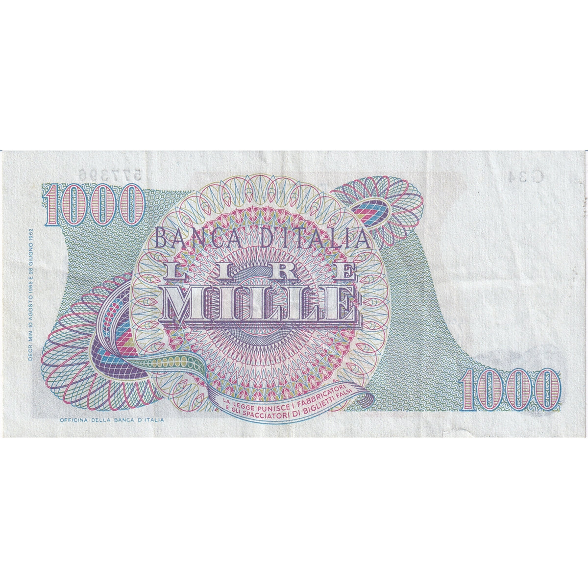 Italy Note 1965 1000 Lire, VF-EF