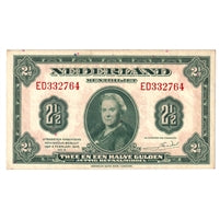 Netherlands 1943 2 1/2 Gulden Note, Pick #65, AU