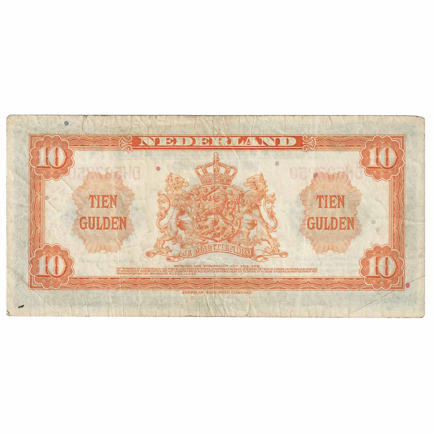 Netherlands 1943 10 Gulden Note, Pick #66a, VF