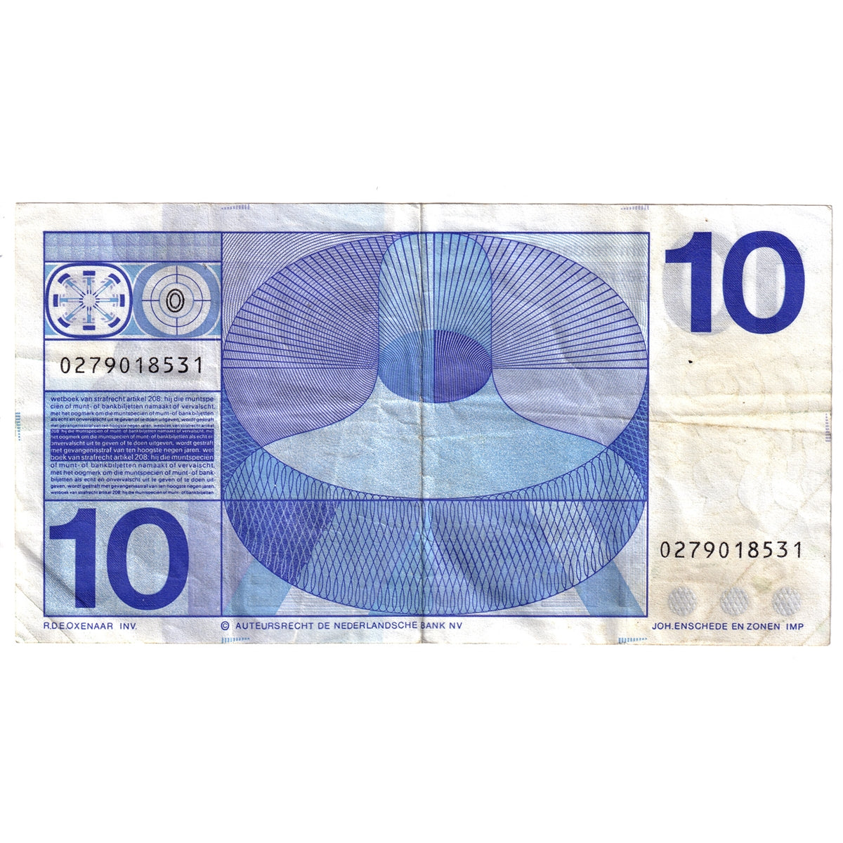 Netherlands Note 1968 10 Gulder, O in Bullseye Variety VF-EF