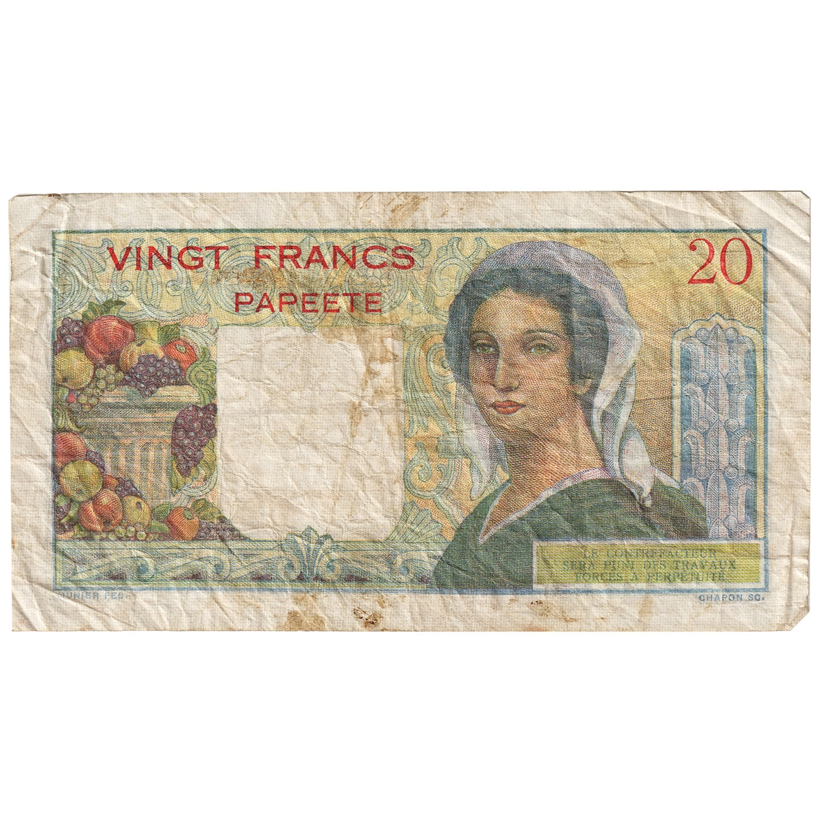 Tahiti 1963 20 Franc Note, Pick #21c, VF
