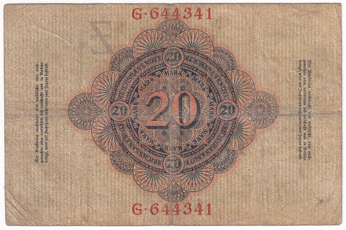 Germany 1910 20 Mark Note, Pick #40a 6 Digit, VG-F