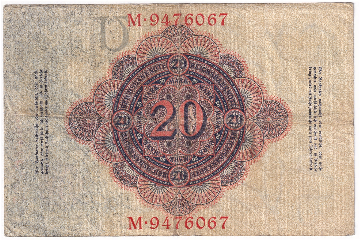 Germany 1914 20 Mark Note, Pick #46b 7 Digit, F
