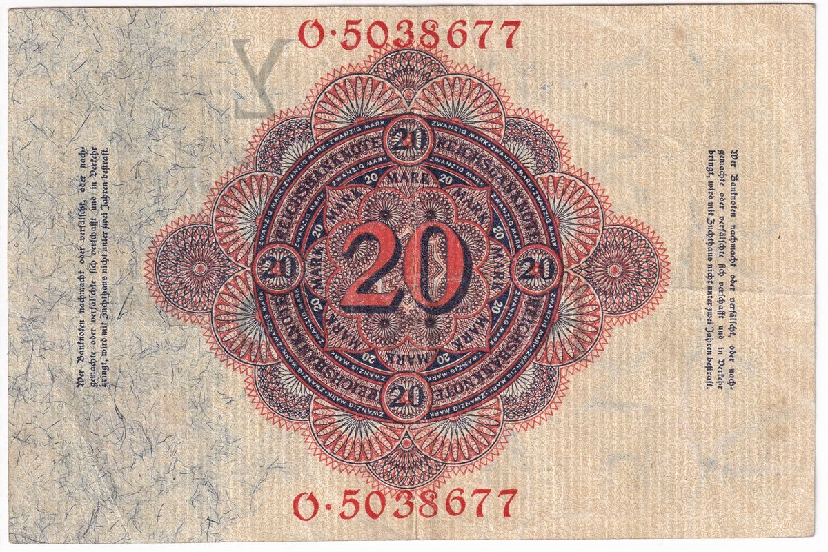 Germany 1914 20 Mark Note, Pick #46b 7 Digit, VF