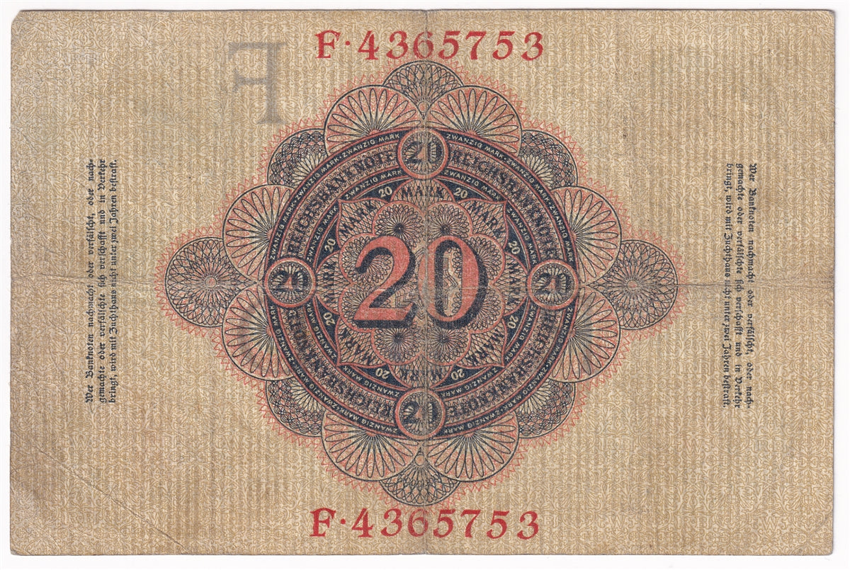 Germany 1910 20 Mark Note, Pick #40b 7 Digit, F