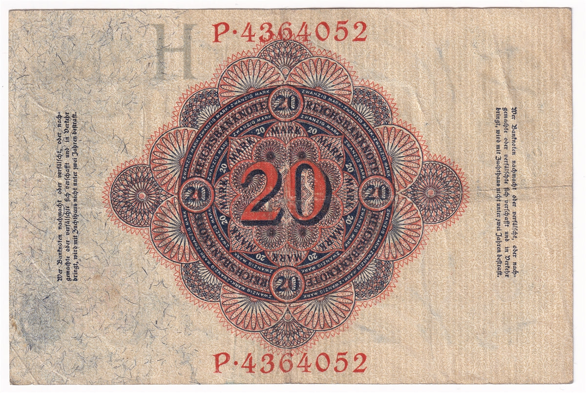 Germany 1914 20 Mark Note, Pick #46b 7 Digit, F-VF