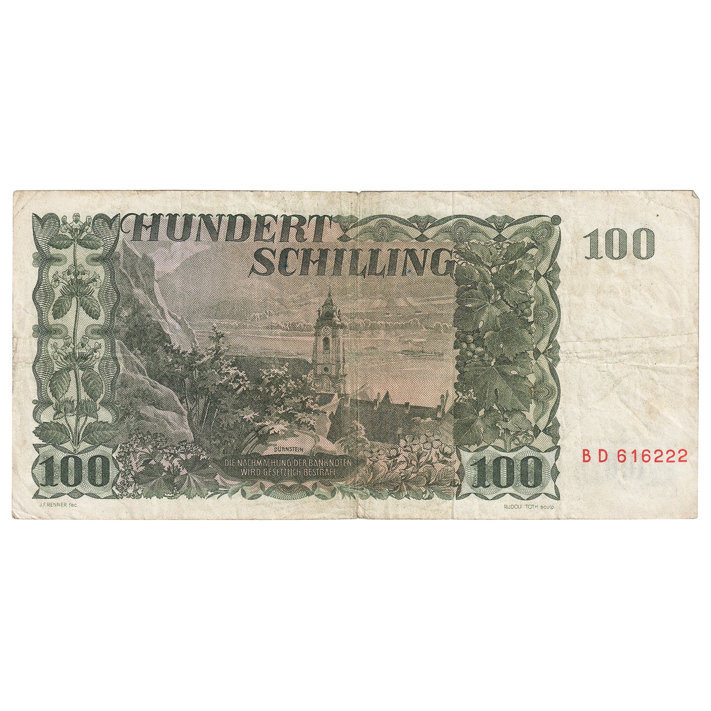 Austria 1954 100 Schilling Note, Pick #133a, F
