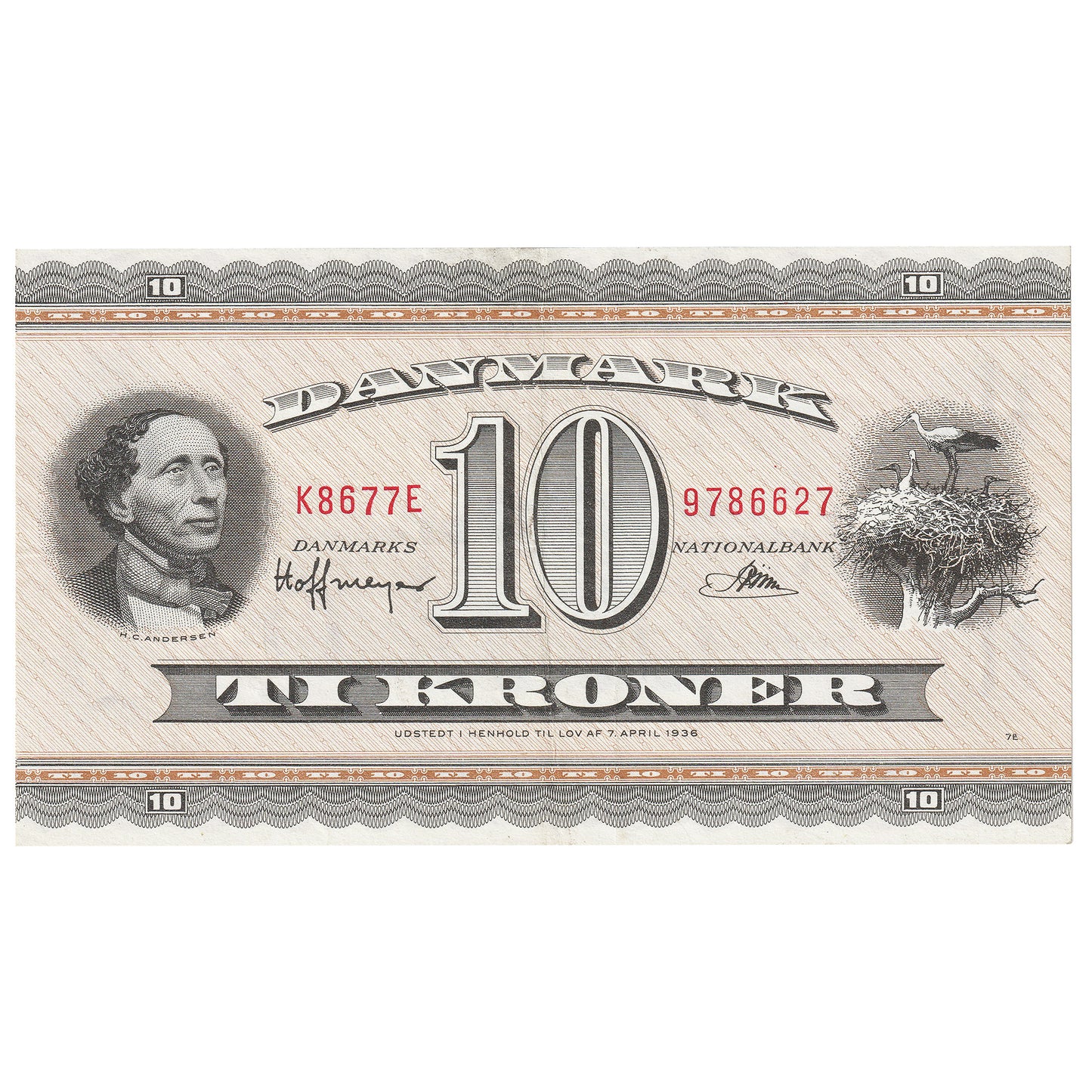 Denmark 1967 10 Kroner Note, Pick #44y, EF