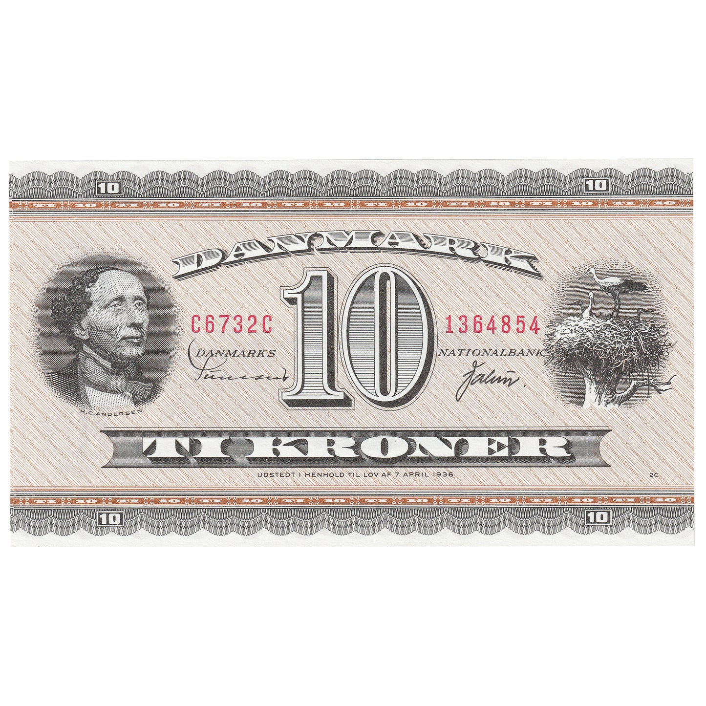 Denmark 1973 10 Kroner Note, Pick #44ag, UNC