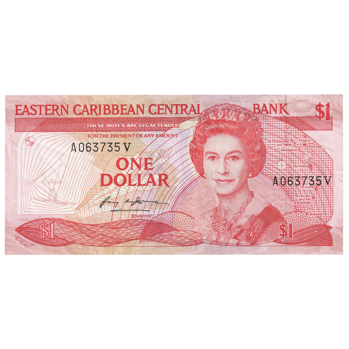 East Caribbean States 1985-88 1 Dollar Note, Pick #17v, AU