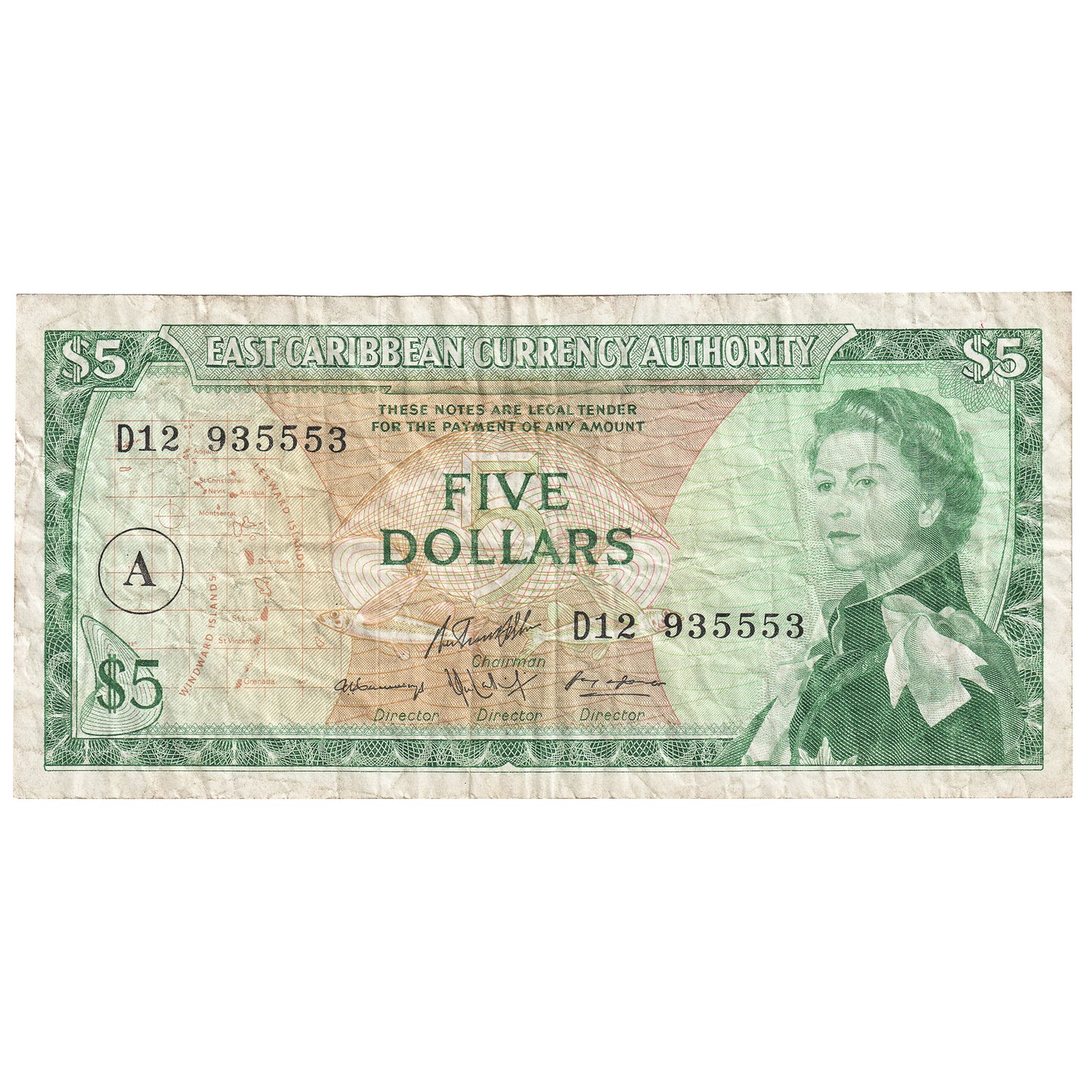 East Caribbean States 1965 5 Dollar Note, Pick #14i, A in Circle, Signature 10, VF