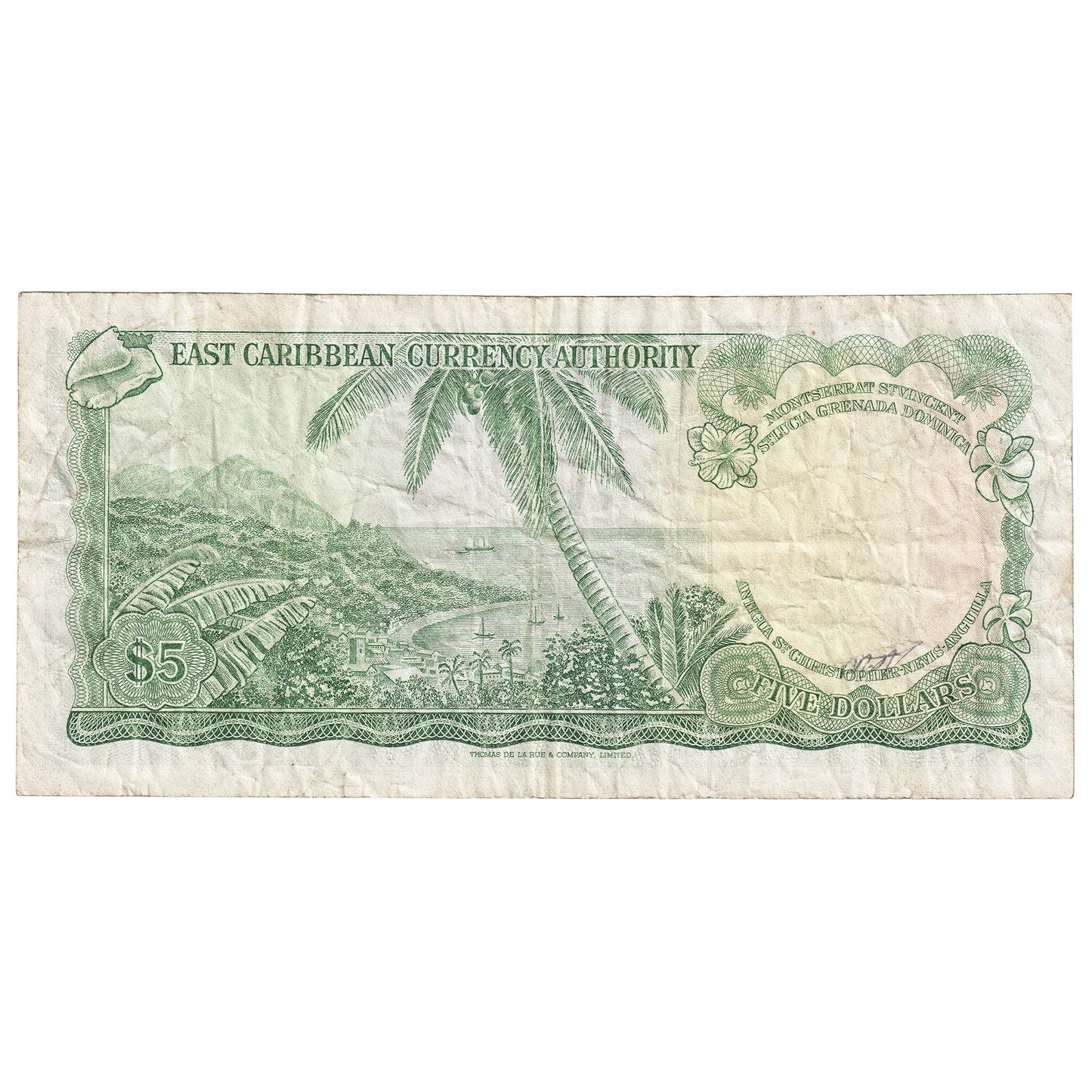 East Caribbean States 1965 5 Dollar Note, Pick #14i, A in Circle, Signature 10, VF