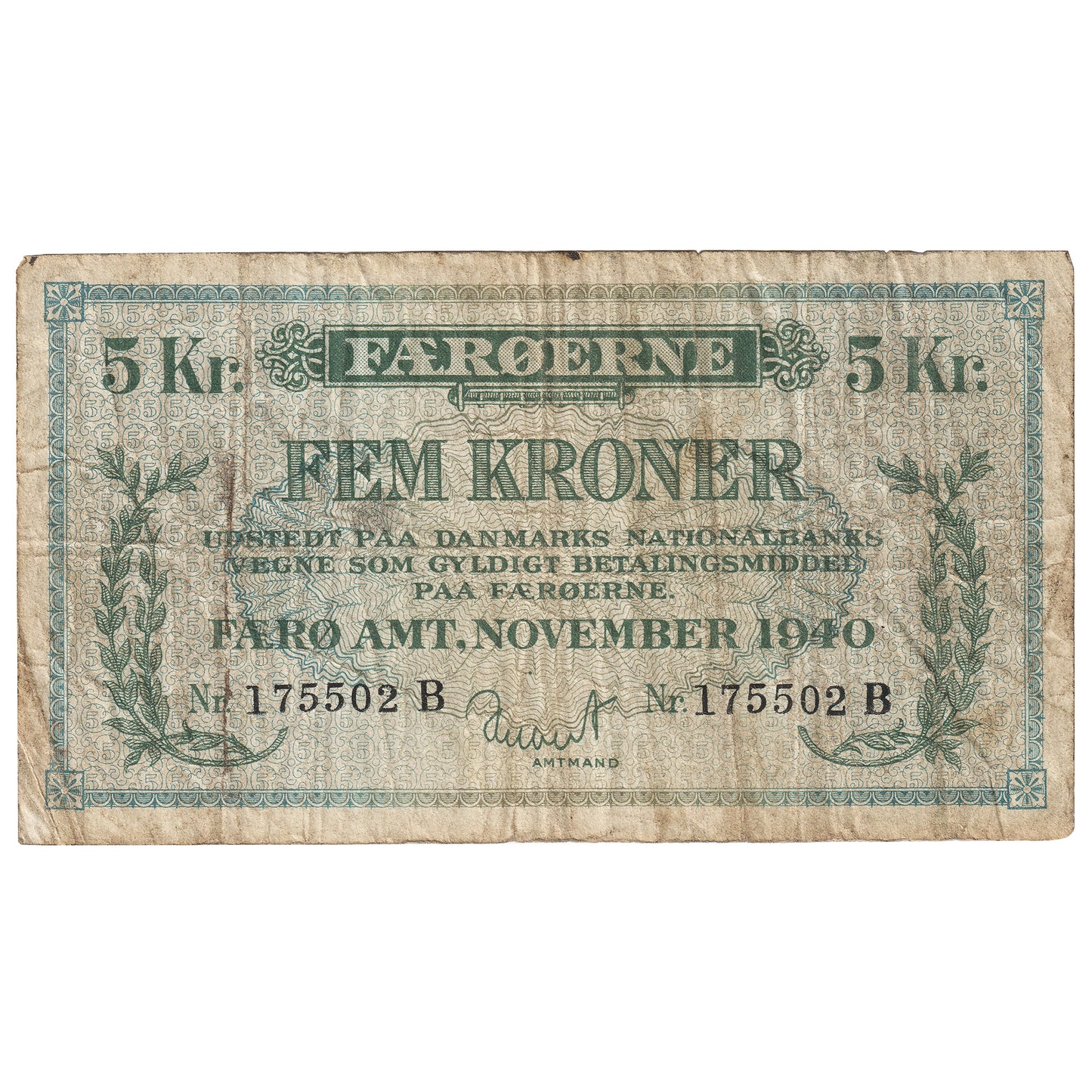Faeroe Islands 1940 5 Kroner Note, Pick #10, F