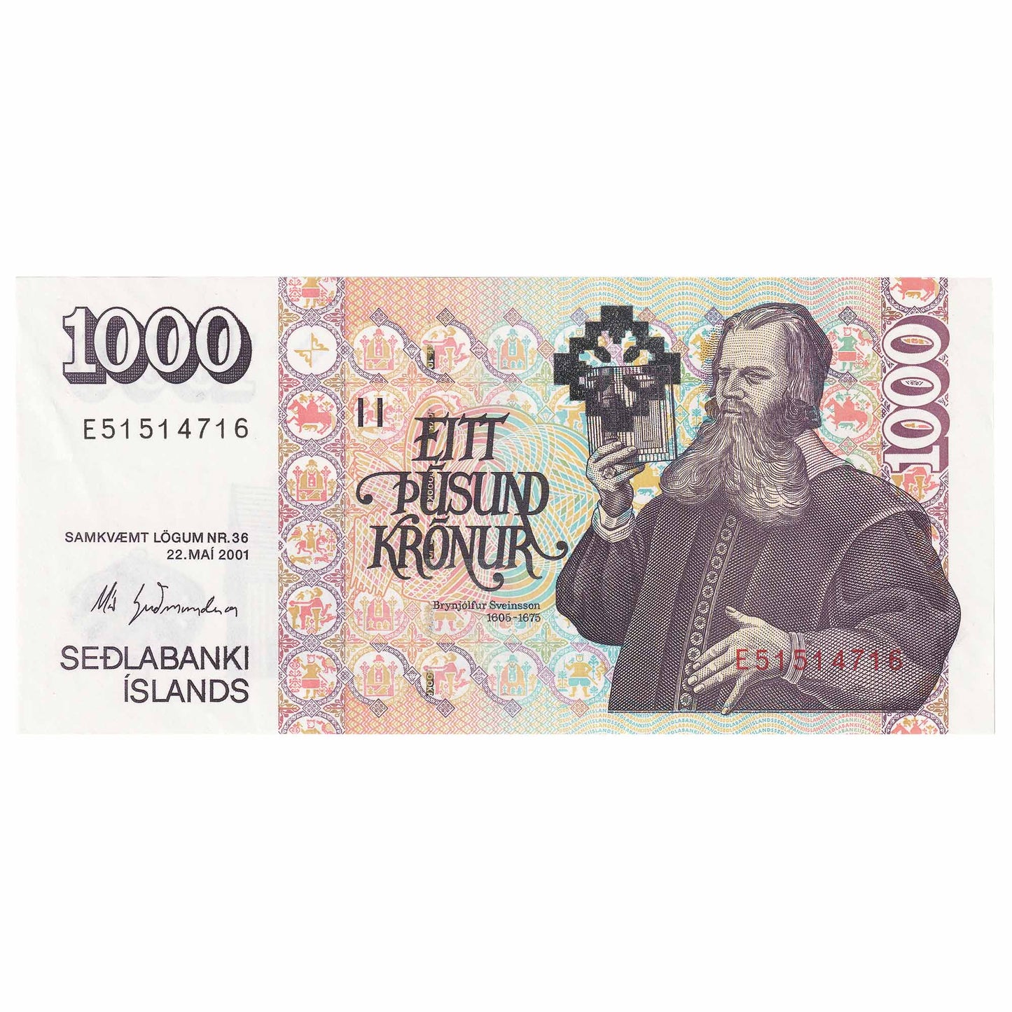 Iceland 2001 1000 Kronur Note, Pick #59, UNC