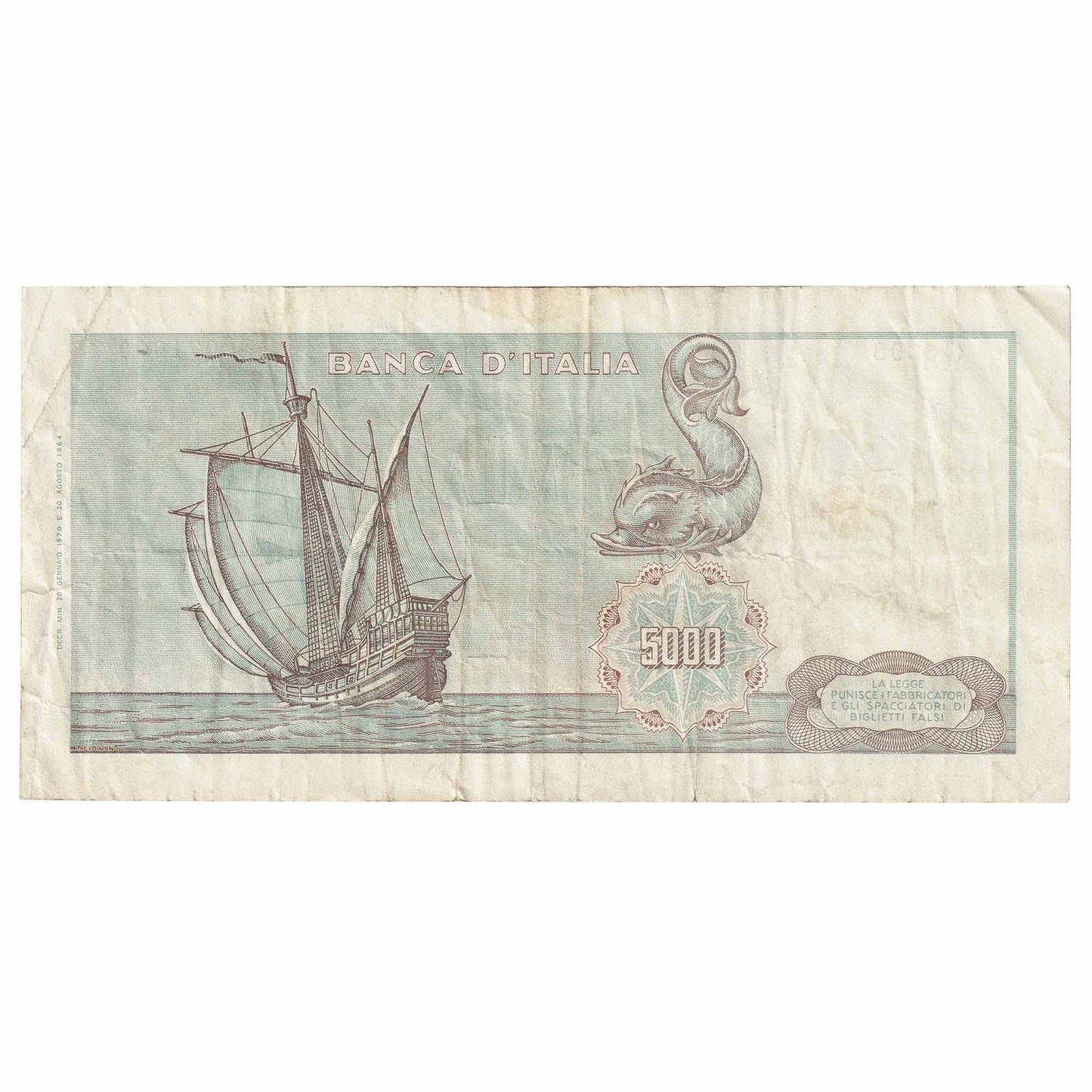 Italy 1970 5,000 Lire Note, Pick #98c, VF