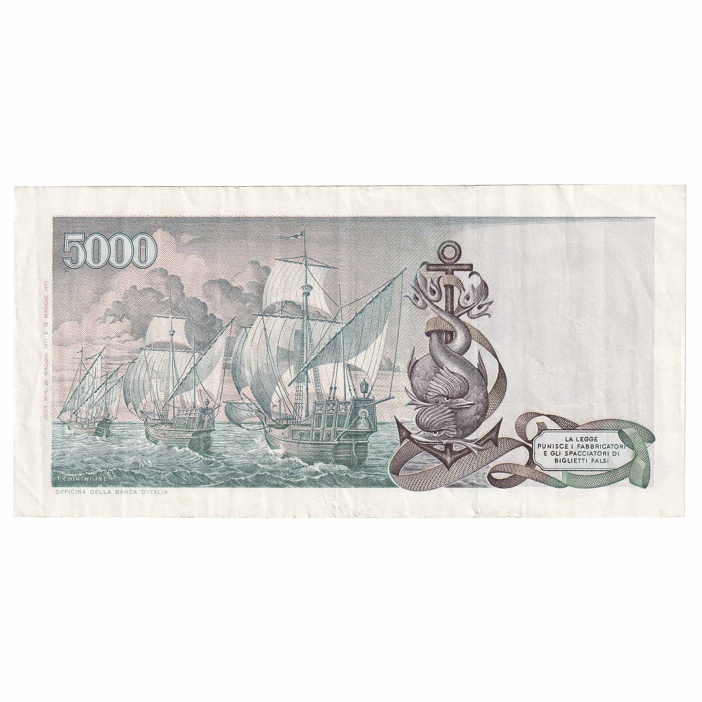 Italy 1971 5,000 Lire Note, Pick #102a, VF