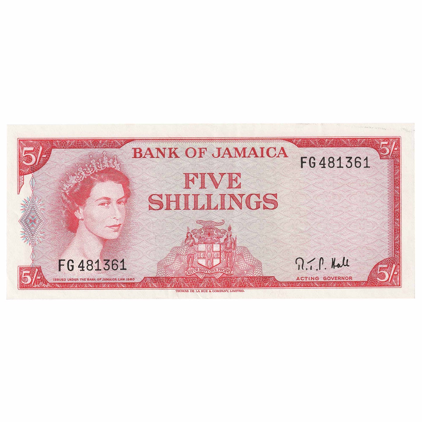 Jamaica L.1960 (1964) 5 Shilling Note, Pick #51Ac, Signature 2, AU