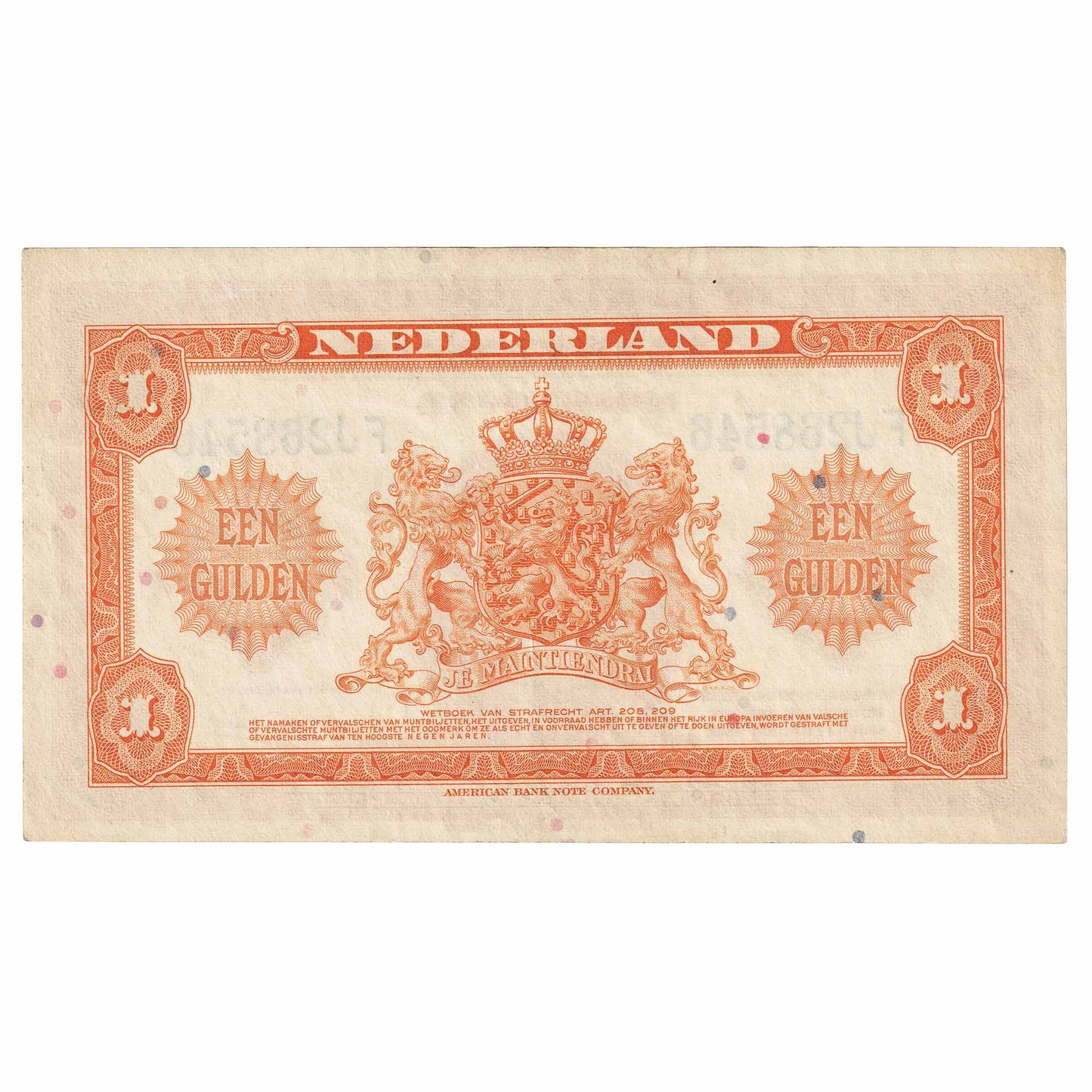 Netherlands 1943 1 Gulden Note, Pick #64a, AU