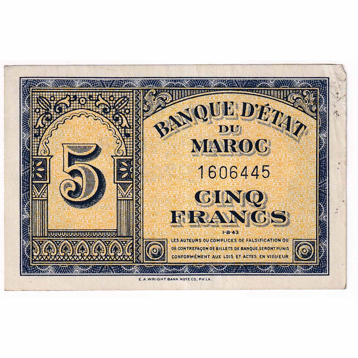 Morocco Note 1943 5 Francs, AU