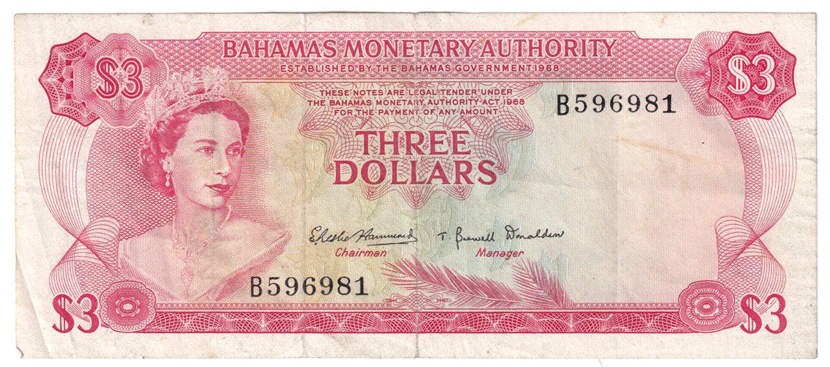 Bahamas 1968 3 Dollar Note, Pick #28a, VF (tear)