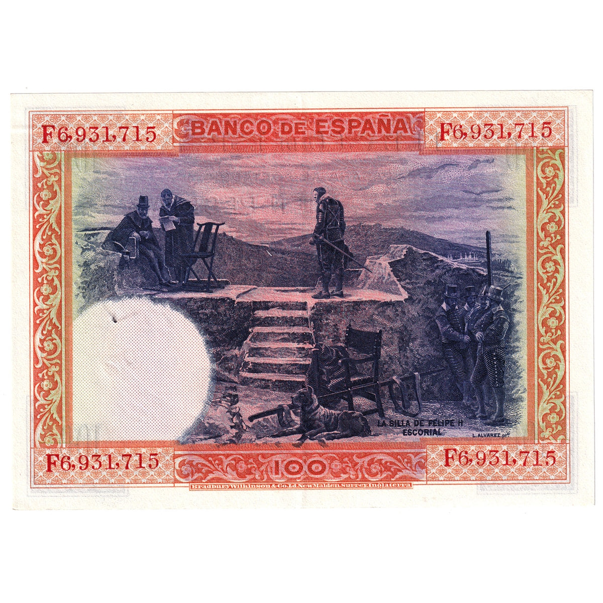 Spain Note 1925 100 Pesetas, Series F AU