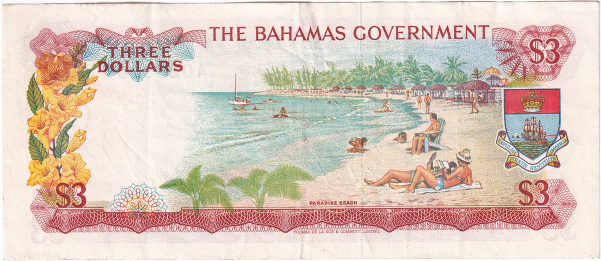 Bahamas 1965 3 Dollar Note, Pick #19a 2 Signatures, VF