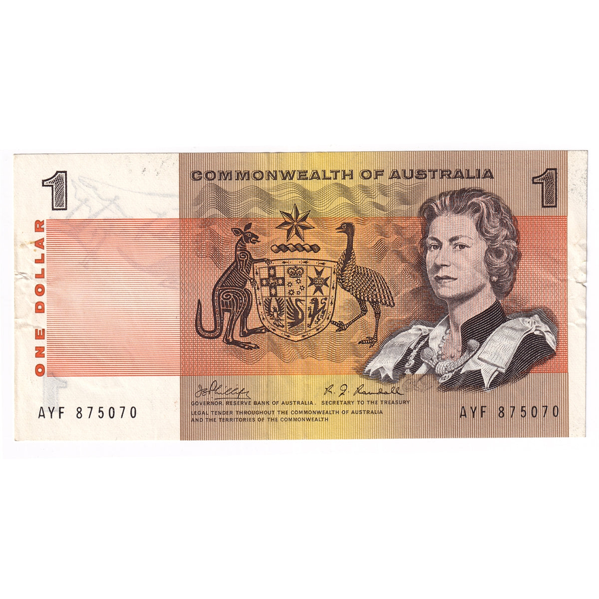 Australia Note Pick #37c 1969 1 Dollar, EF-AU (tears)