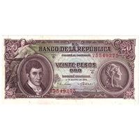 Colombia 1965 20 Pesos Note, Pick #401c Oro, UNC