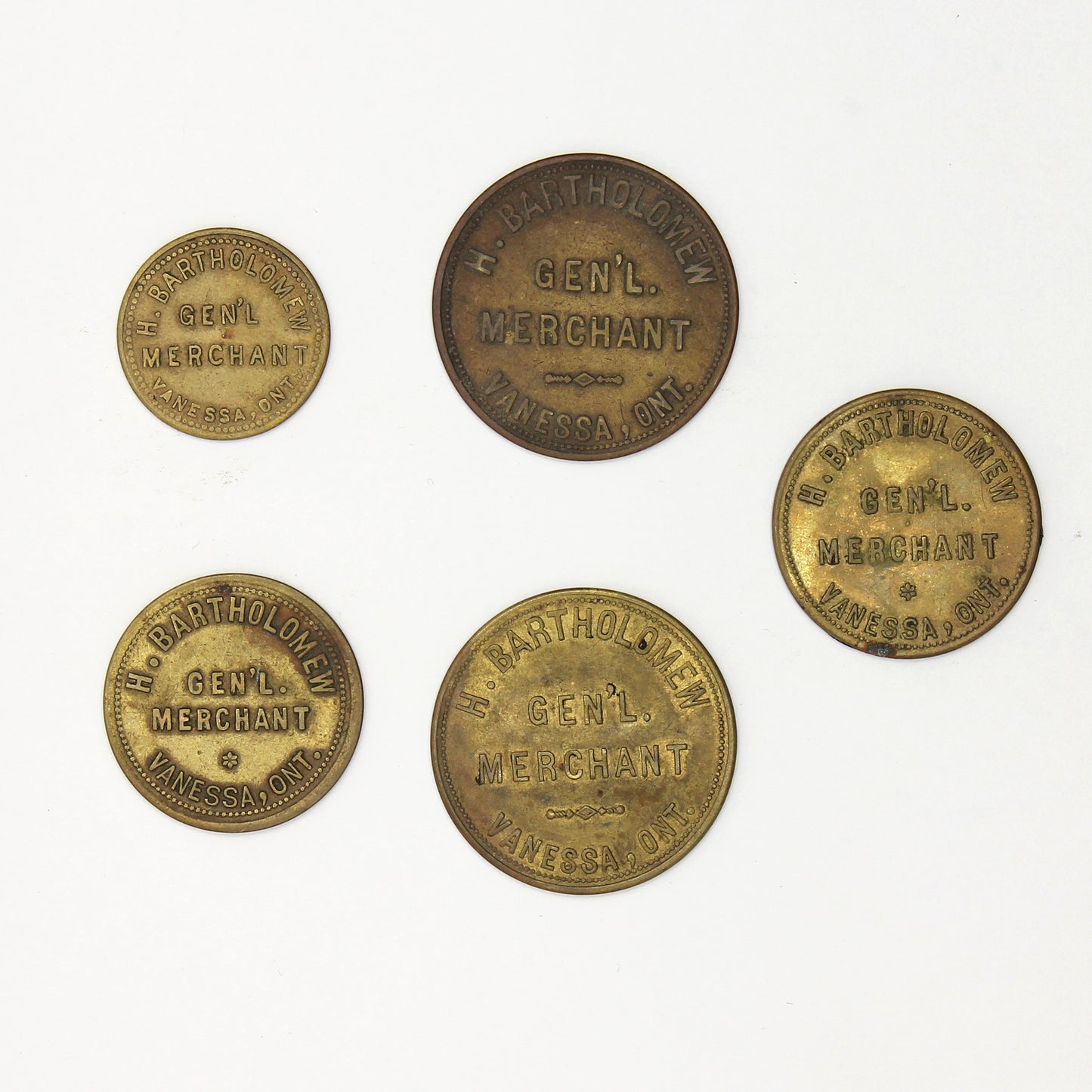 H. Bartholomew, General Merchant, Trade Tokens, 5ct to $2. 6Pcs