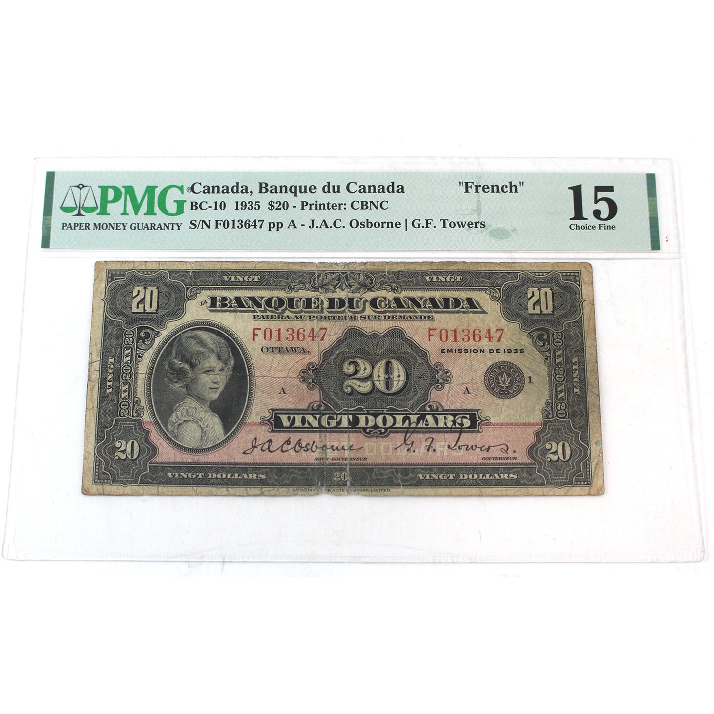 BC-10 1935 Canada $20 Osborne-Towers, French, PMG Certified F-15 (tears)