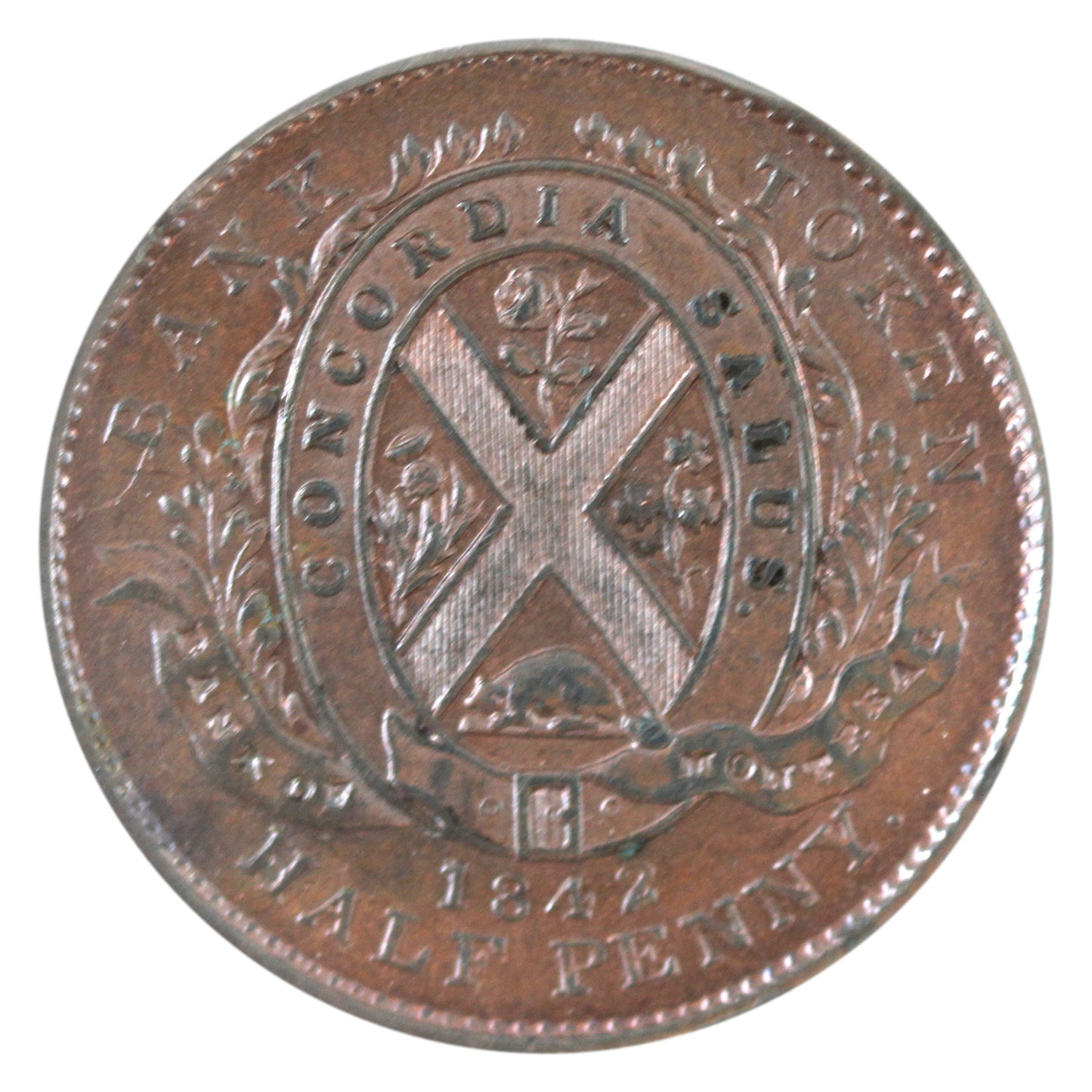 PC-1A2 1842 PC Bank of Montreal Half Penny Token Brilliant UNC (MS63) Lustrous Brown