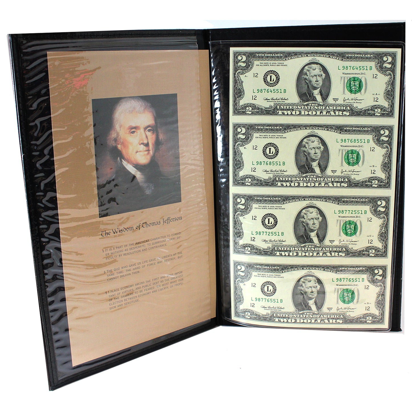 Set of 4x Uncut 2003A USA $2 Notes, Cabral-Snow, in Folder