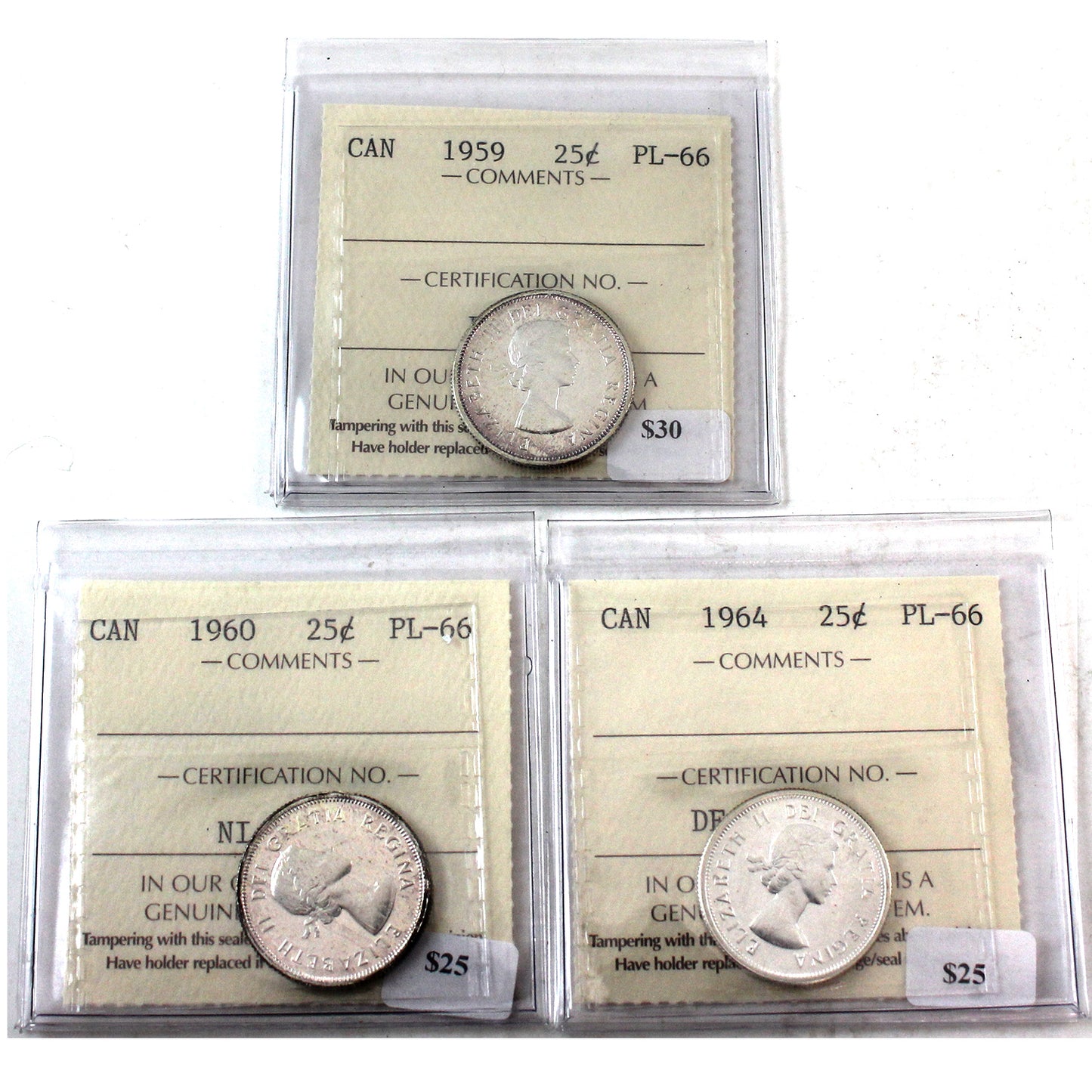 Lot of 3x 1959-1964 Canada 25-Cents ICCS Certified All PL-66, 3Pcs.