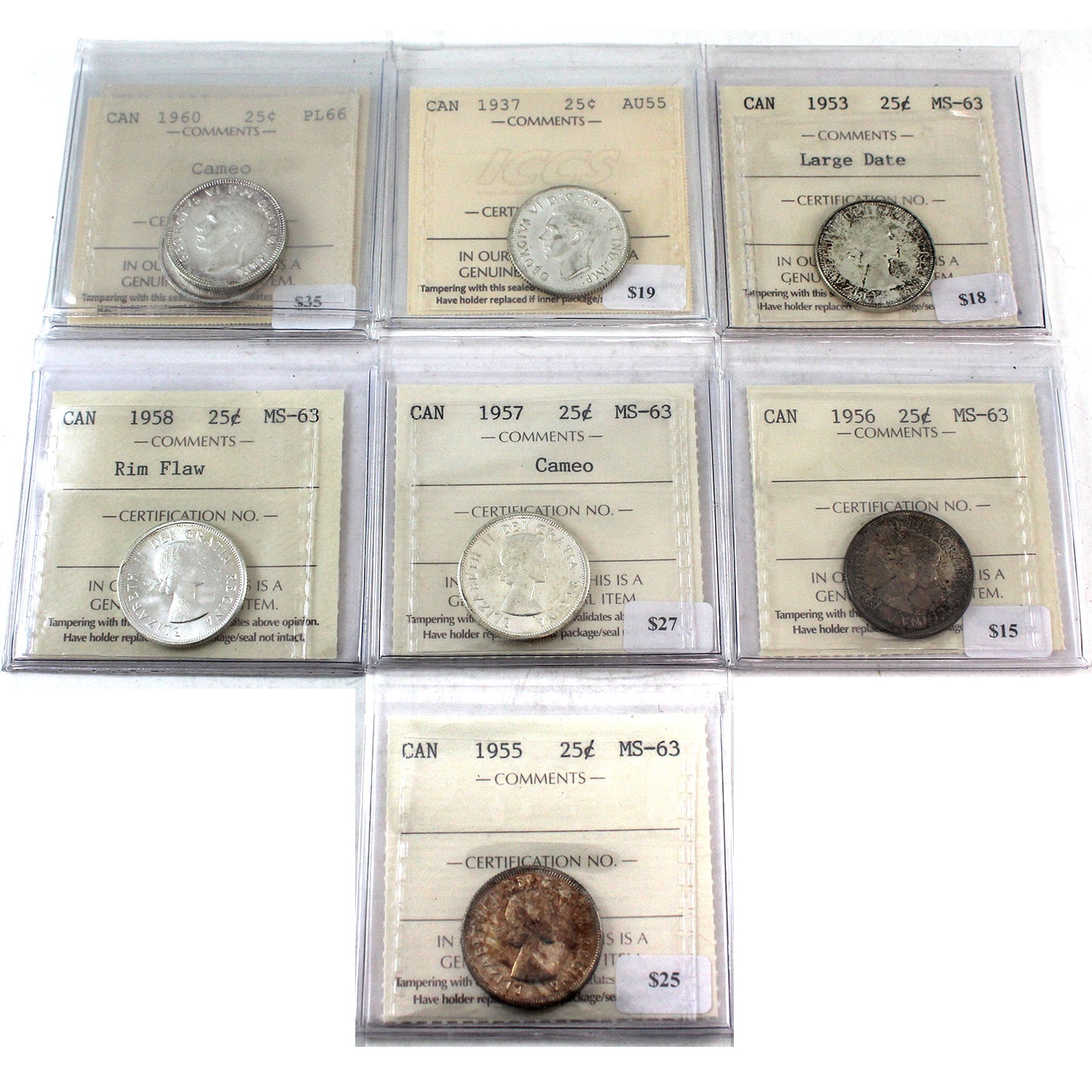 Lot of 8x 1937-1960 25-Cents ICCS Certified EF-40 to MS-63, 6Pcs.