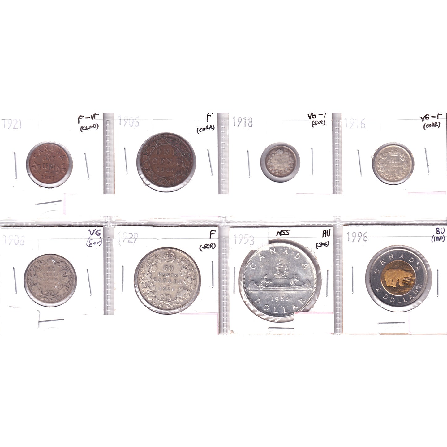 Lot of 8x 1906-1996 Canada Decimal, Fine to Brilliant Uncirculated, 8Pcs.