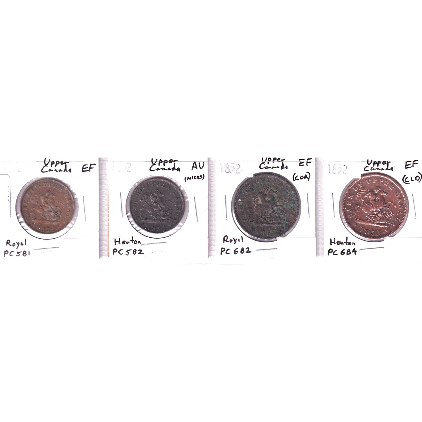 Lot of 4x 1852 Upper Canada Bank Tokens, EF to AU, 4Pcs. (Impaired)