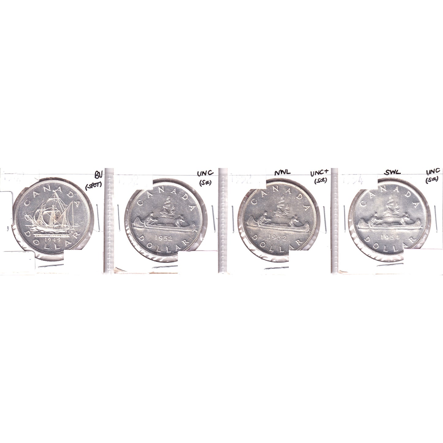 Lot of 4x 1949-1954 Canada Dollar, UNC to BU, 4Pcs. (Impaired)