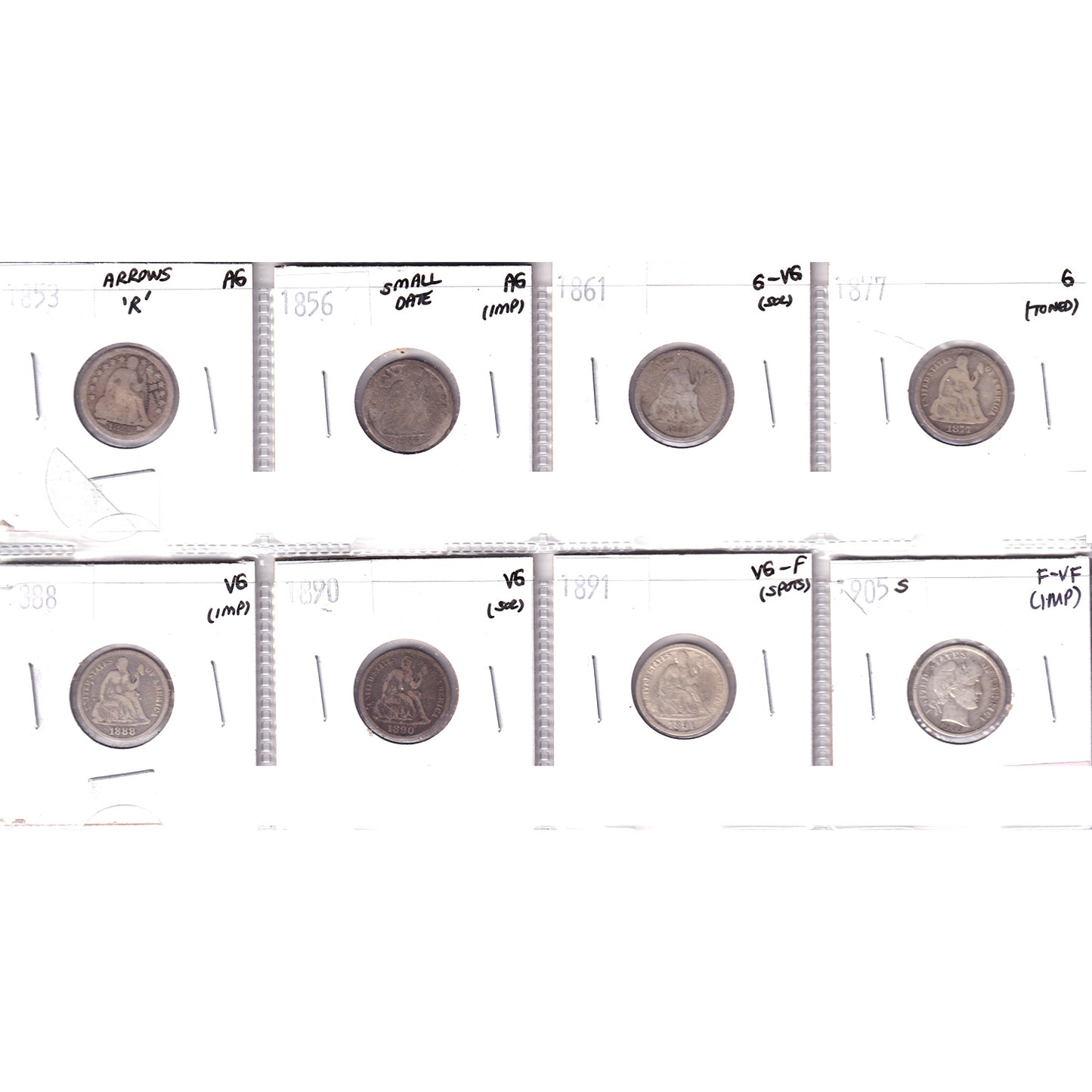 Lot of 8x 1853-1905 USA Dime, About Good to F-VF, 8Pcs. (Impaired)