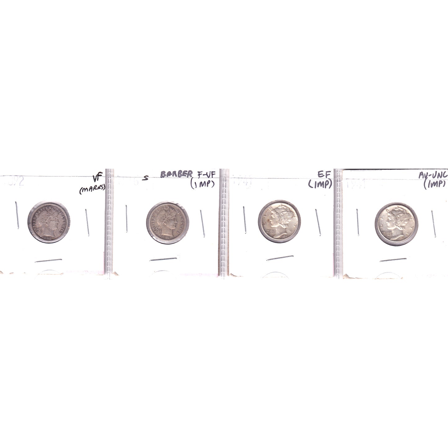 Lot of 4x 1892-1941 USA Dimes, F-VF to AU-UNC (Impaired)