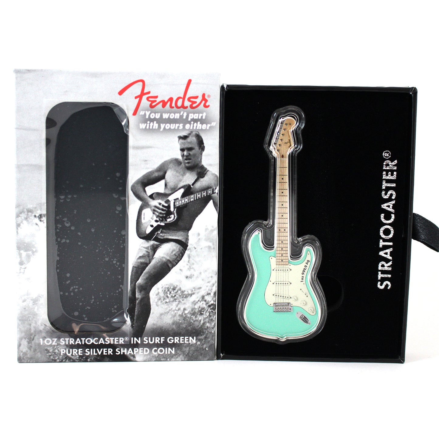 2022 Solomon Islands $2 Fender 'Stratocaster' Shaped 1oz. Coin in Surf Green (No Tax)