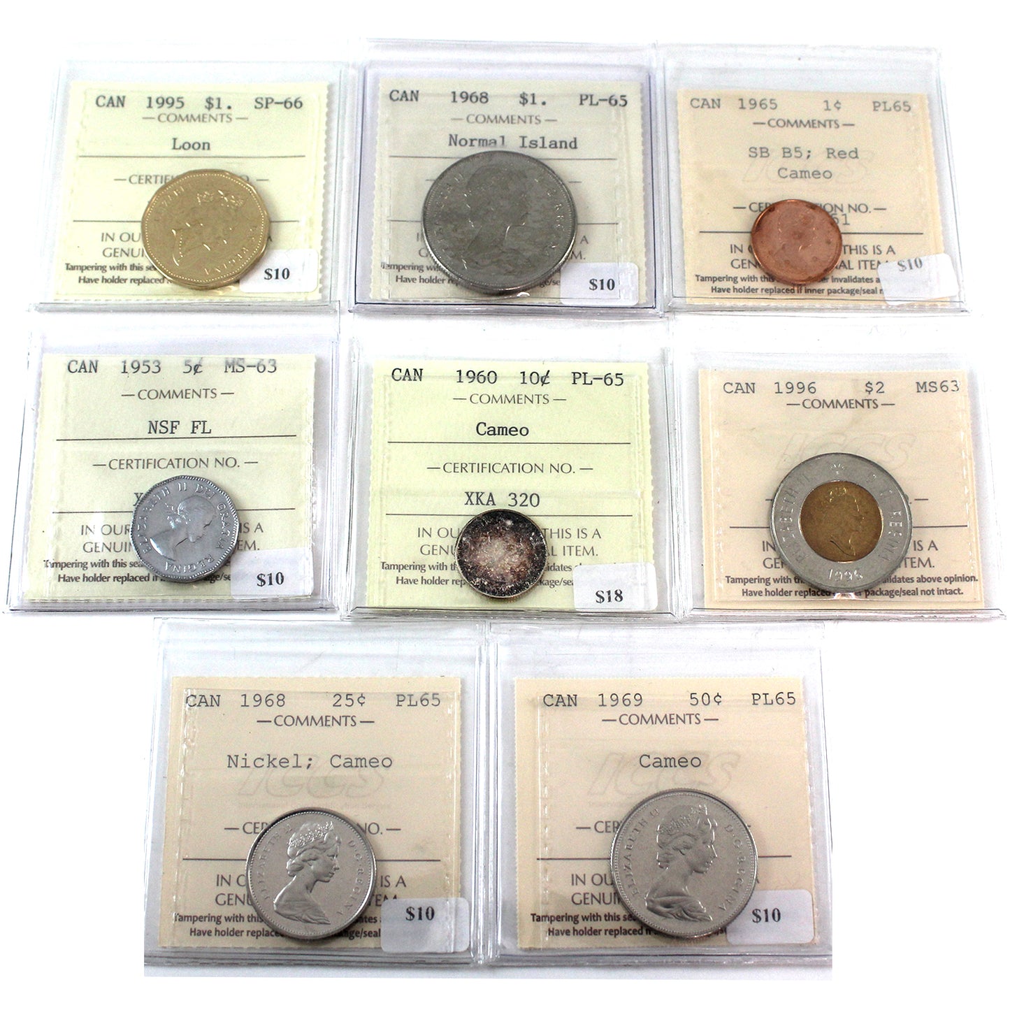 Lot of 8x 1953-1996 Canada Decimal ICCS Certified MS63 to SP66