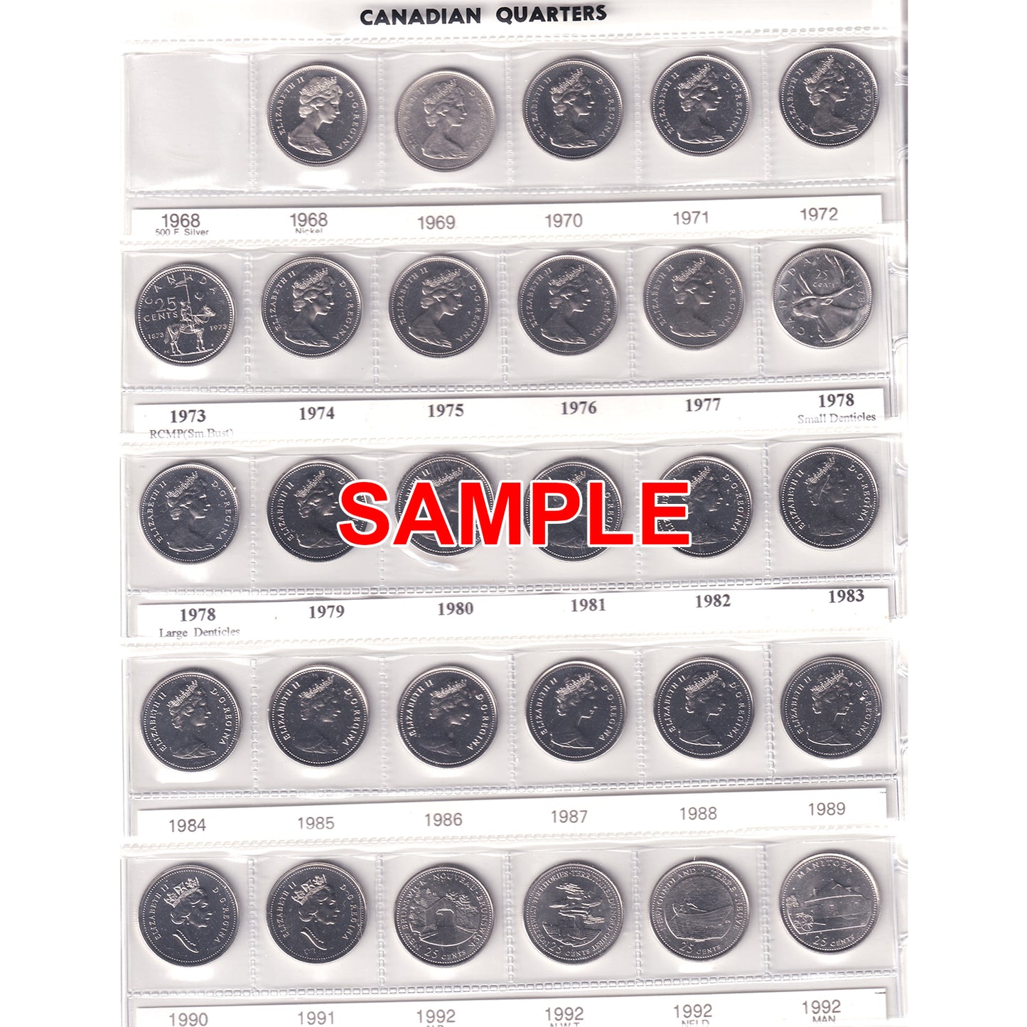 Lot of 57x 1968-1999 Canada 25-Cents Collection in Uni-Safe Album