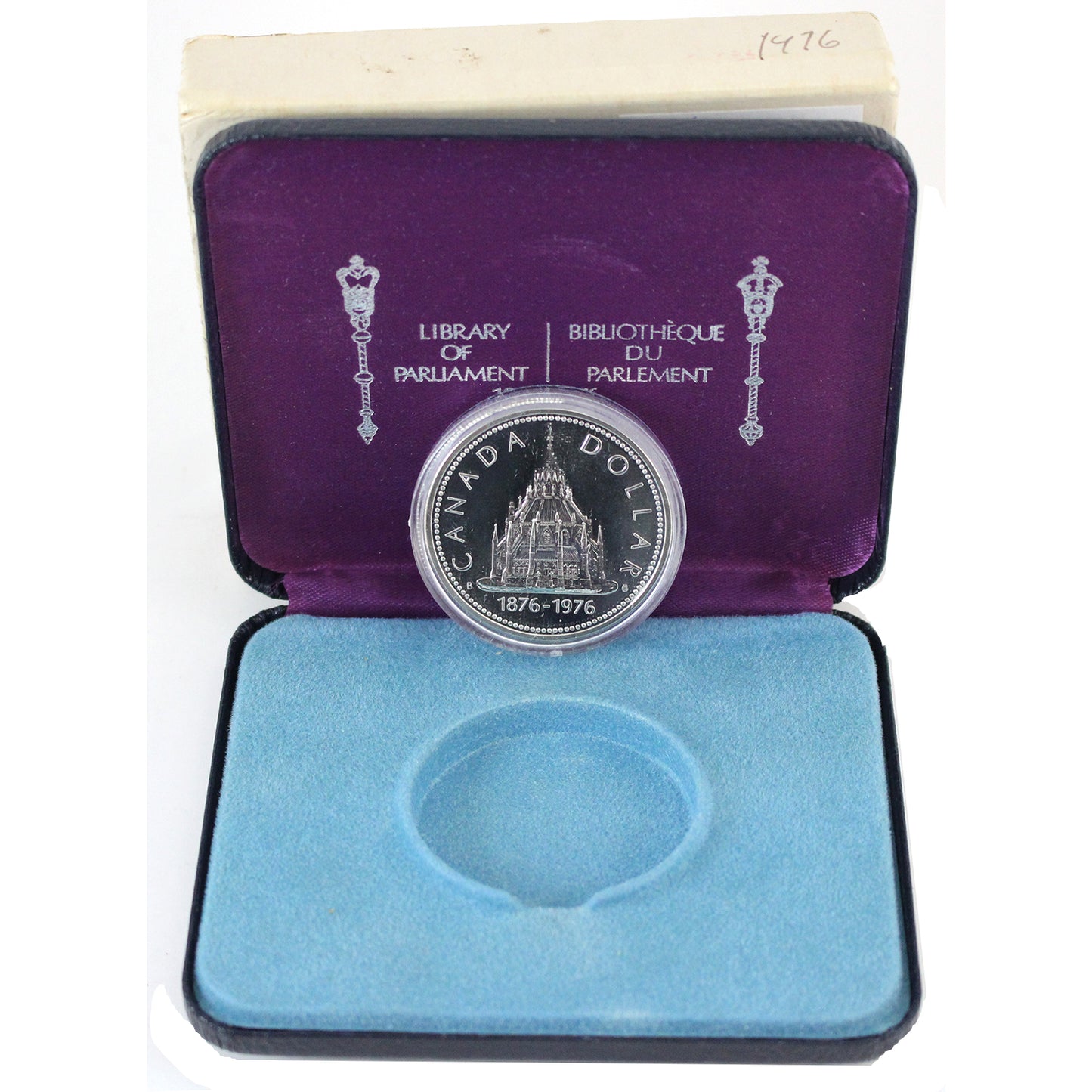 1976 Canada "E" Cased Silver Dollar: Library of Parliament