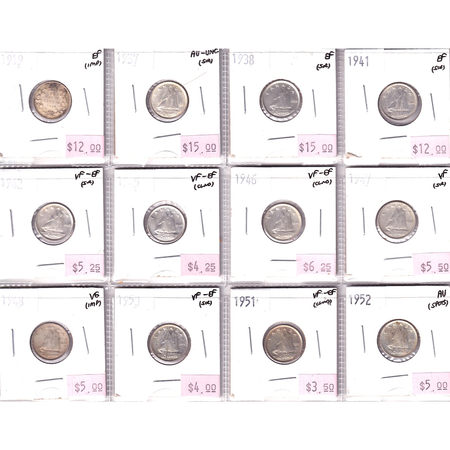 Lot of 12x 1919-1952 Canada 10-Cents VG to AU, 12Pcs. (Impaired)